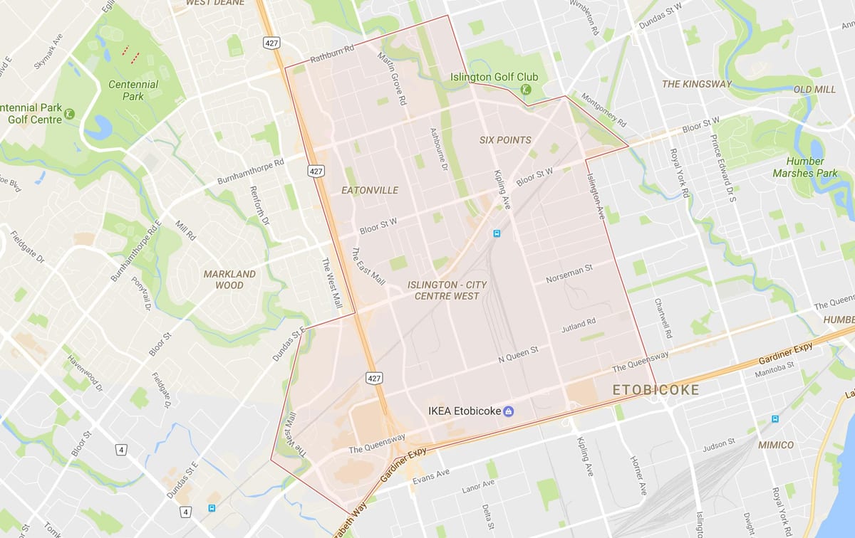Bản đồ của Islington-trung Tâm thành Phố Tây khu phố Toronto