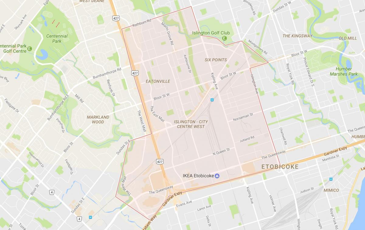 Bản đồ của Islington-trung Tâm thành Phố Tây khu phố Toronto