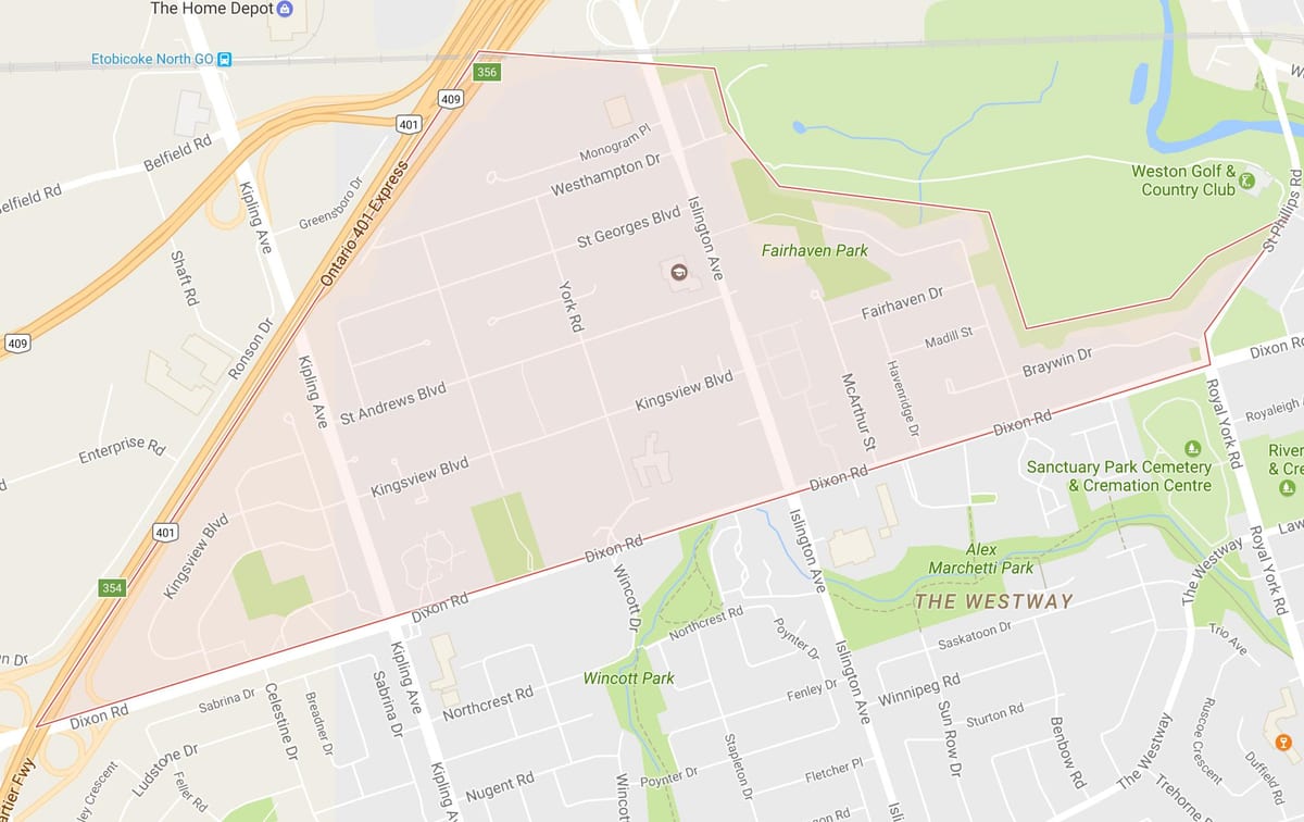 Bản đồ của Kingsview Làng khu phố Toronto