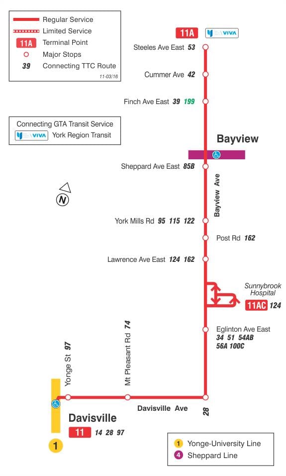 Bản đồ của TÔI 11 Hamlet tuyến xe buýt Toronto