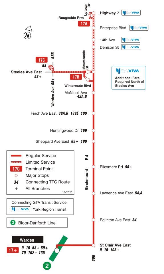 Bản đồ của TÔI 17 Birchmount tuyến xe buýt Toronto