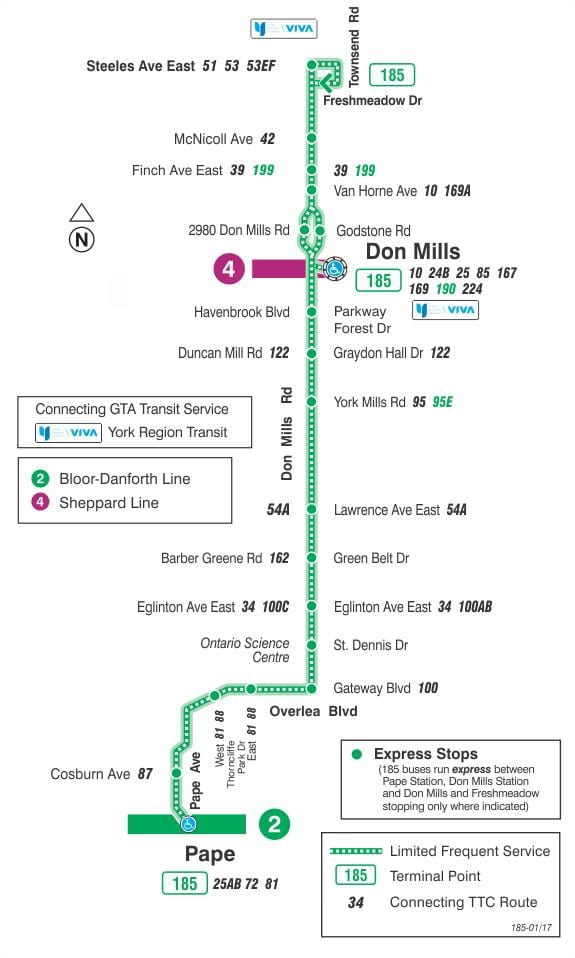 Bản đồ của TÔI 185 Không Mills tên Lửa tuyến xe buýt Toronto