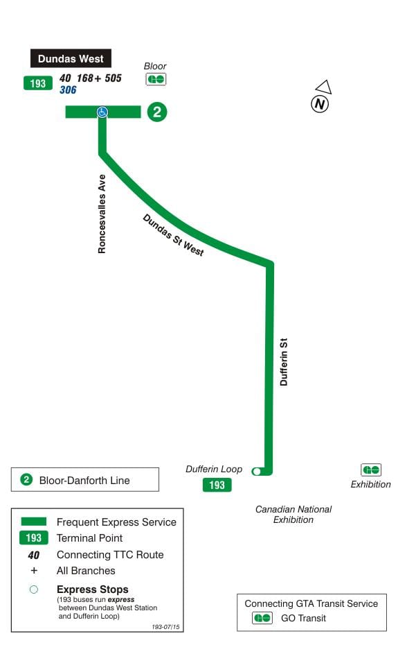Bản đồ của TÔI 193 triển Lãm tên Lửa tuyến xe buýt Toronto