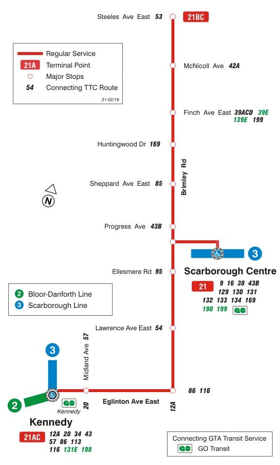 Bản đồ của TÔI 21 Brimley tuyến xe buýt Toronto