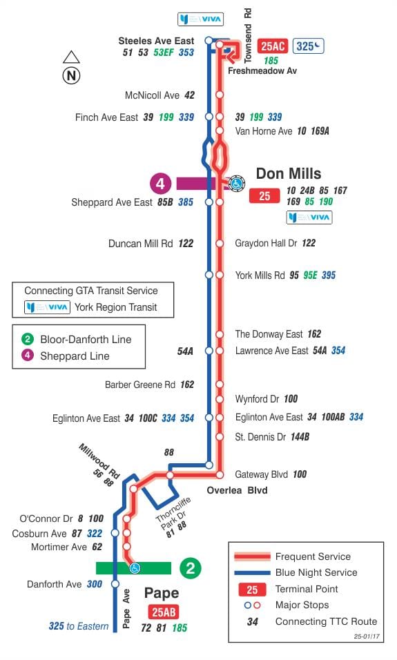 Bản đồ của TÔI 25 Không Mills tuyến xe buýt Toronto