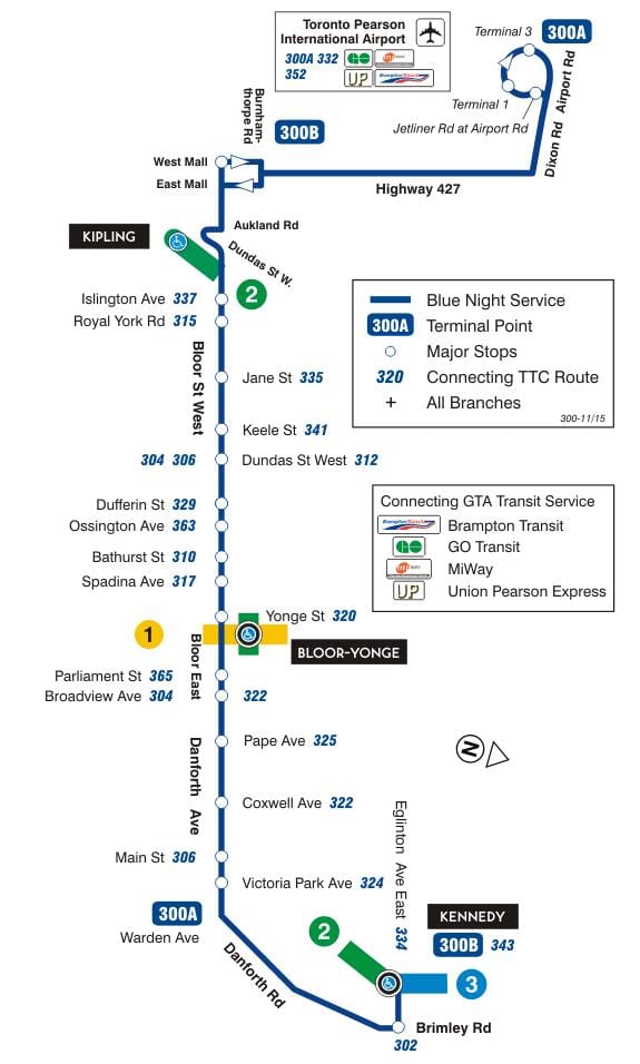 Bản đồ của TÔI 300A High-Danforth tuyến xe buýt Toronto