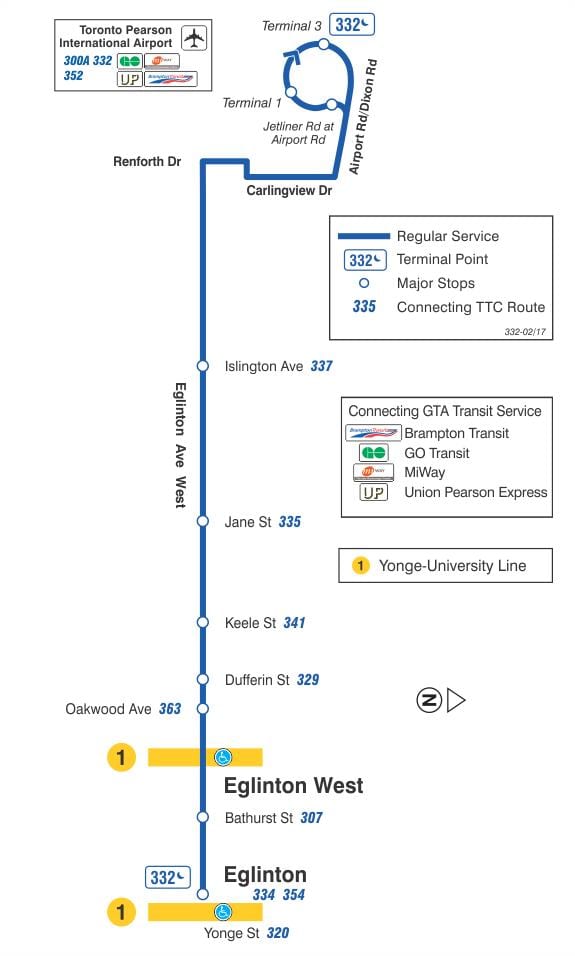 Bản đồ của TÔI 332 Đây Tây tuyến xe buýt Toronto