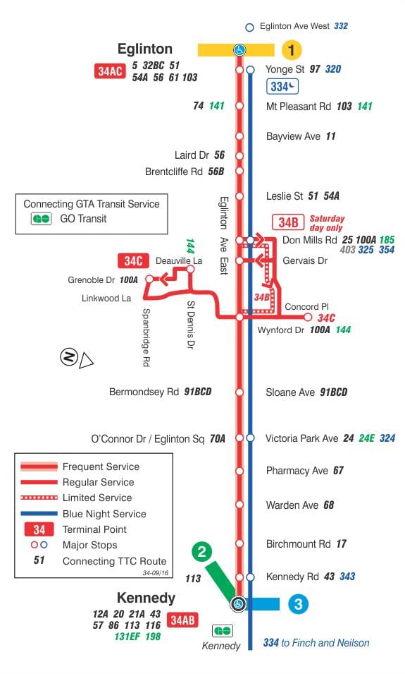 Bản đồ của TÔI 34 Đây Đông tuyến xe buýt Toronto