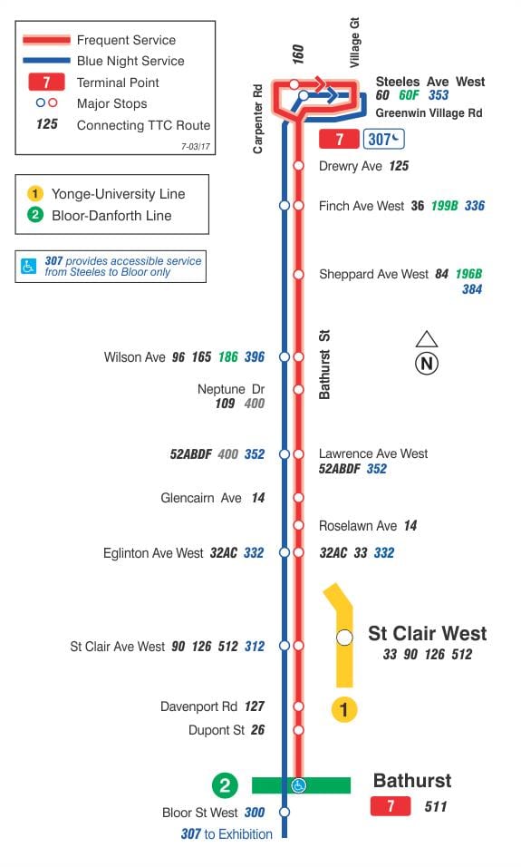 Bản đồ của TÔI 7 Bathurst tuyến xe buýt Toronto