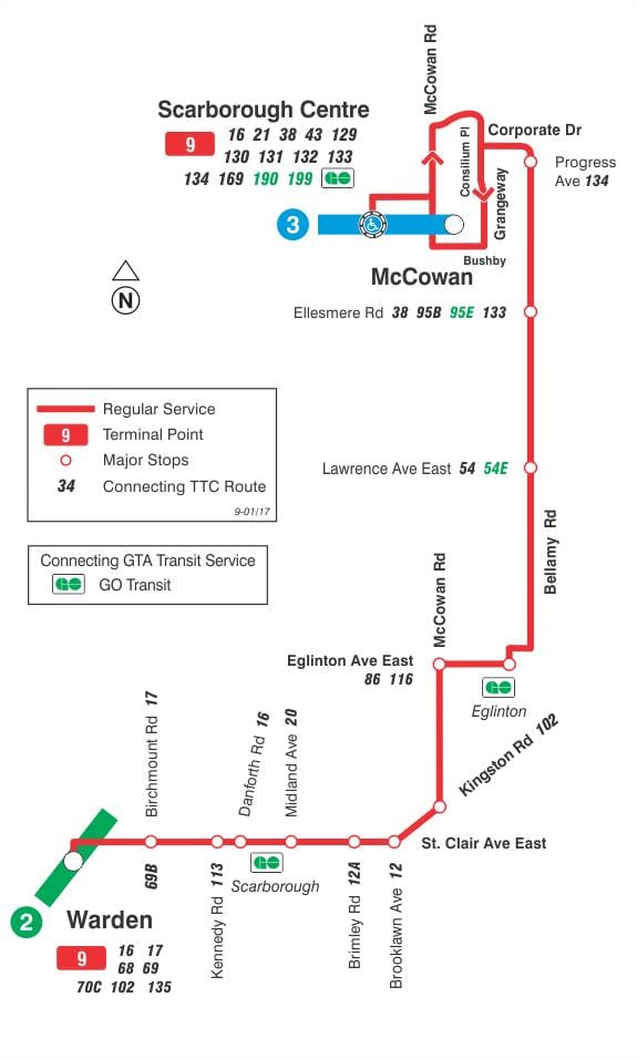Bản đồ của TÔI 9 Bellamy tuyến xe buýt Toronto