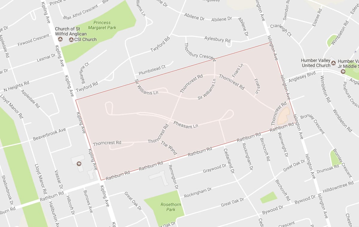 Bản đồ của Thorncrest Làng giềng khu phố Toronto