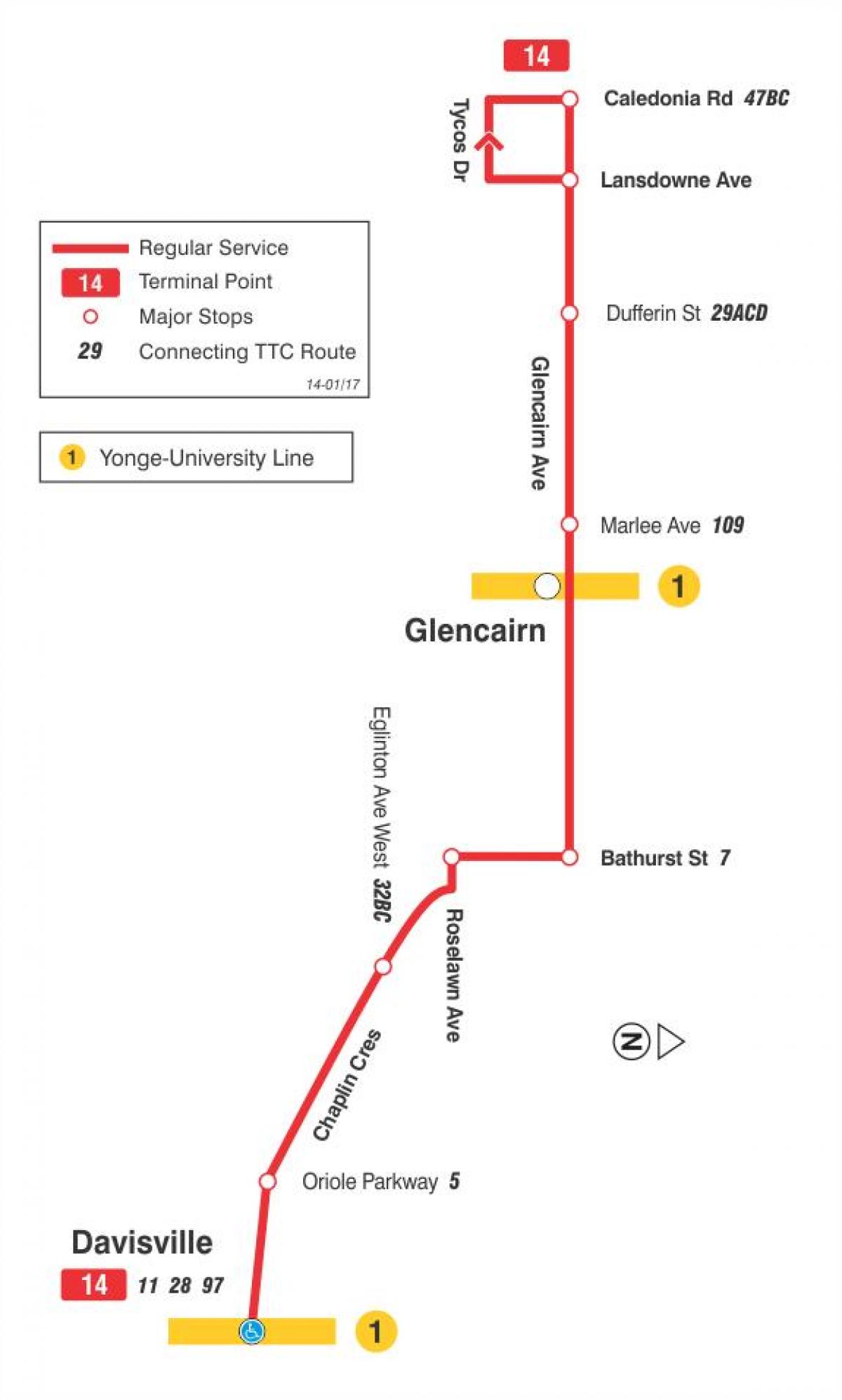 Bản đồ của TÔI 14 Glencairn tuyến xe buýt Toronto