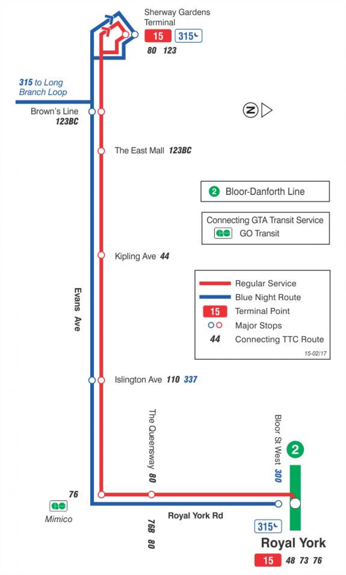Bản đồ của TÔI 15 Evans tuyến xe buýt Toronto