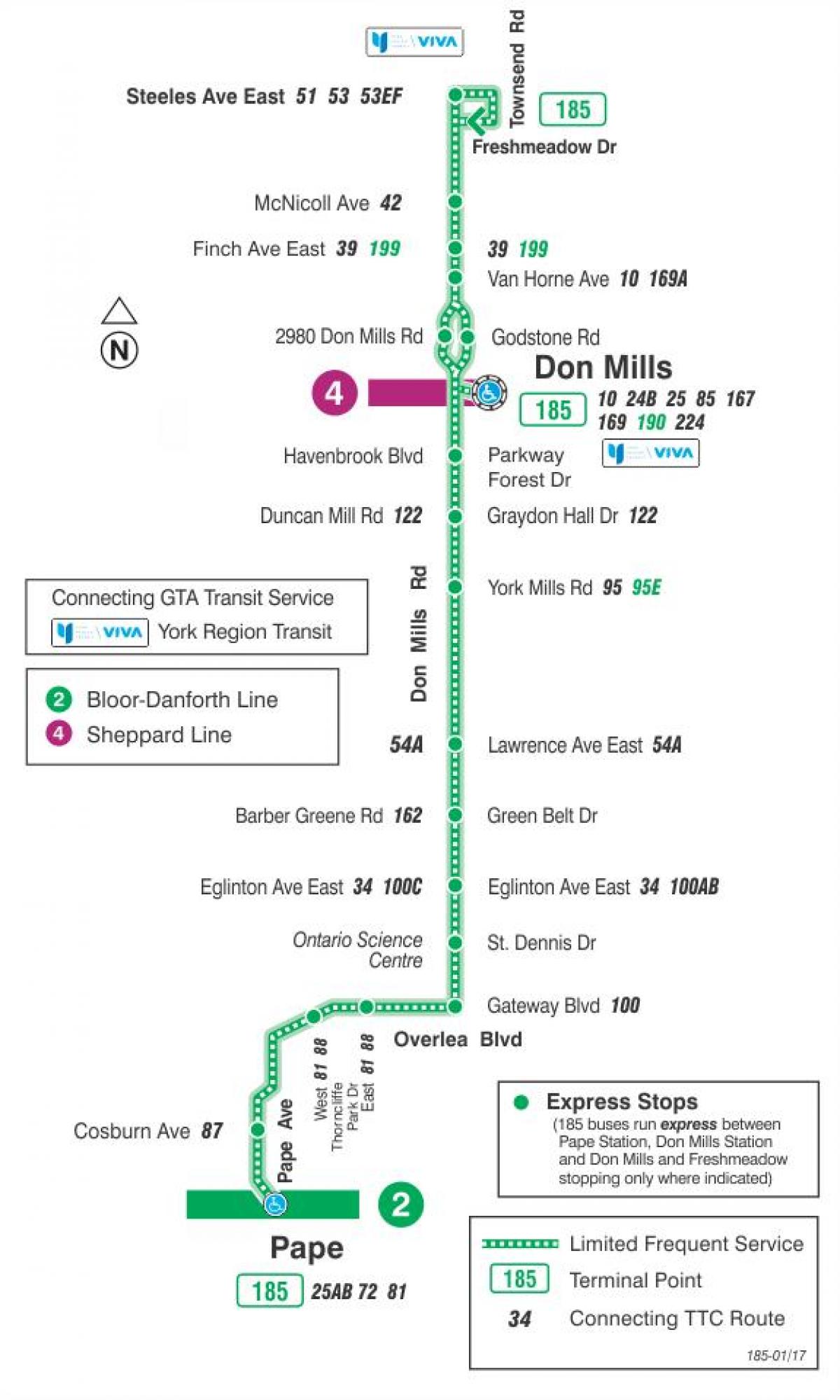 Bản đồ của TÔI 185 Không Mills tên Lửa tuyến xe buýt Toronto
