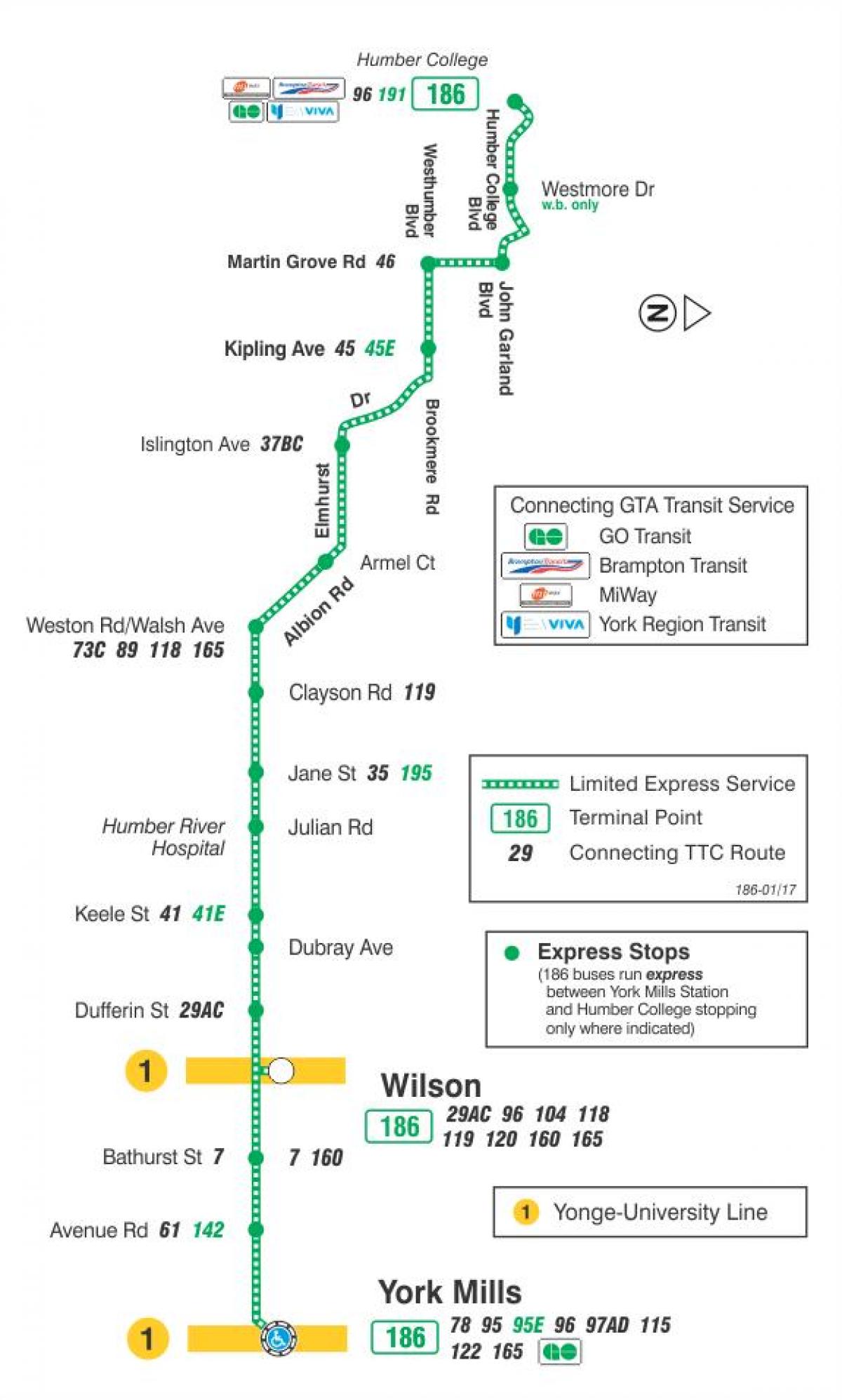Bản đồ của TÔI 186 Wilson tên Lửa tuyến xe buýt Toronto