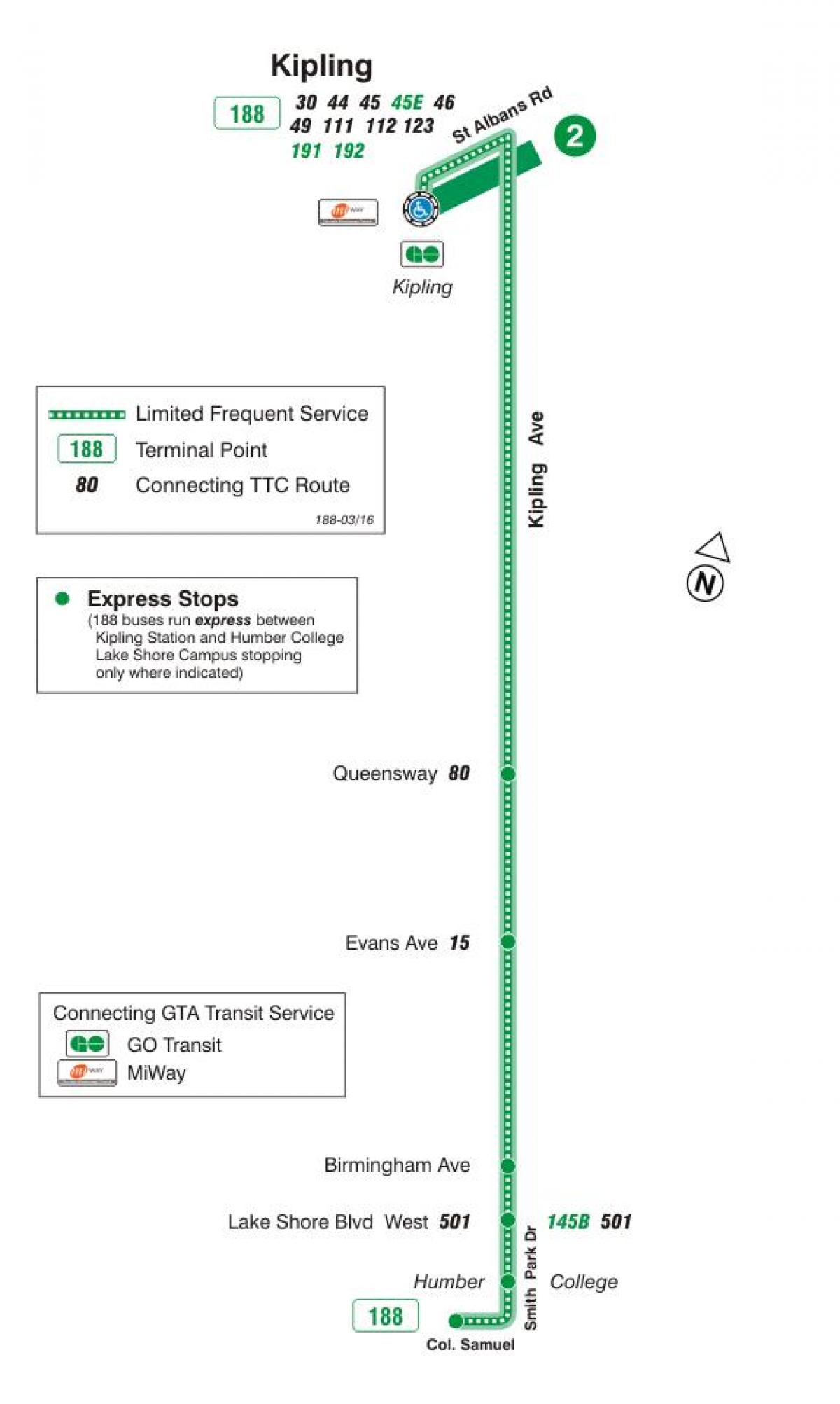 Bản đồ của TÔI 188 Kipling Nam tên Lửa tuyến xe buýt Toronto