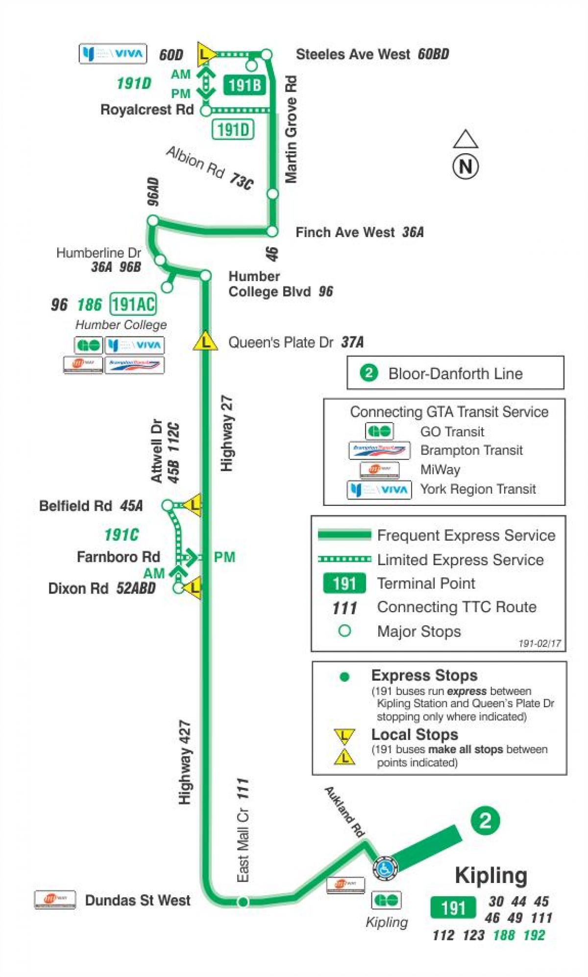 Bản đồ của TÔI 191 Đường 27 tên Lửa tuyến xe buýt Toronto