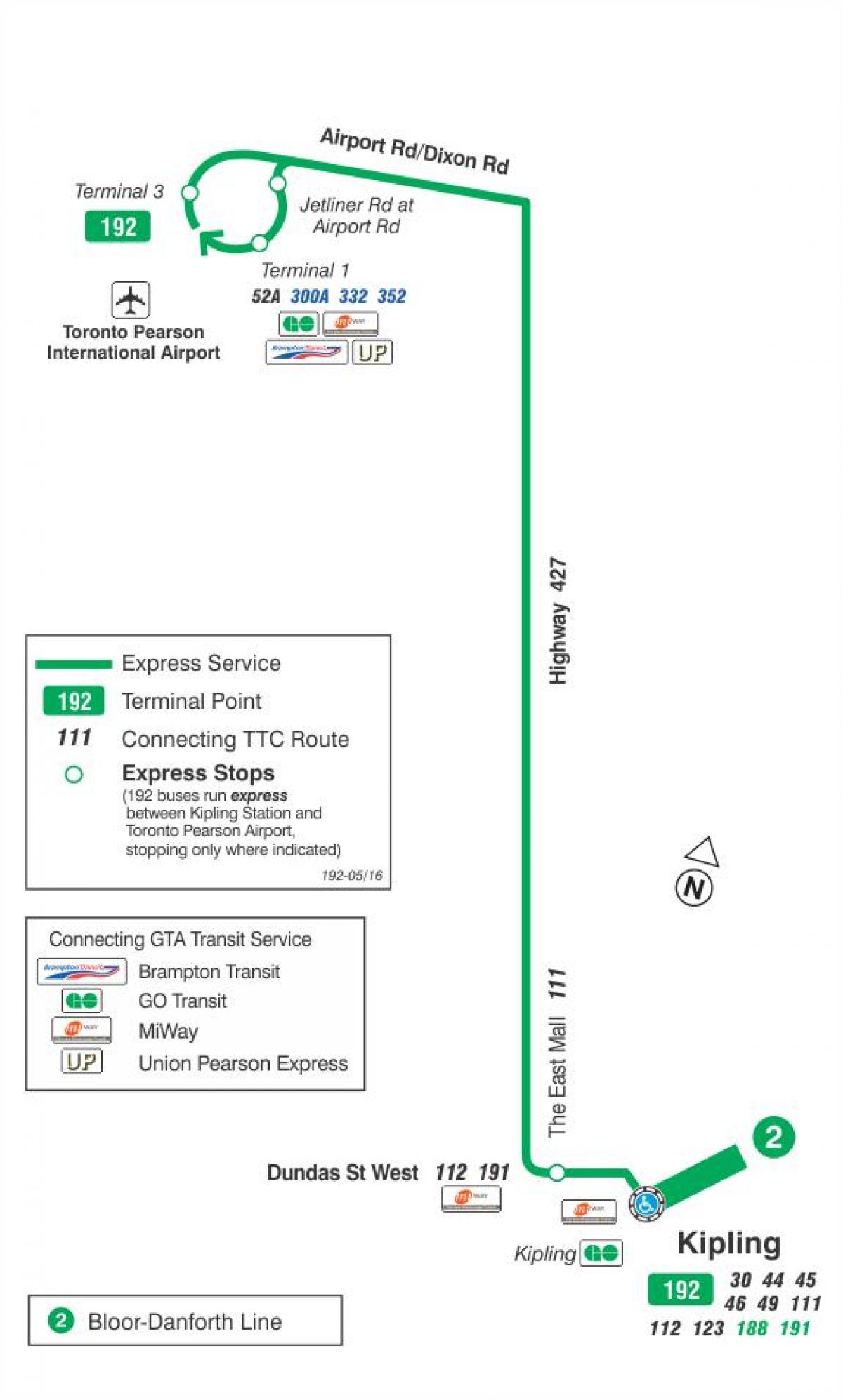 Bản đồ của TÔI 192 Sân bay tên Lửa tuyến xe buýt Toronto