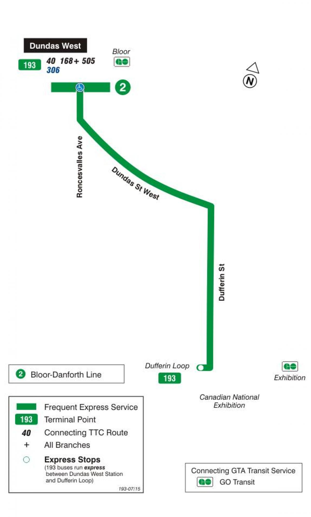 Bản đồ của TÔI 193 triển Lãm tên Lửa tuyến xe buýt Toronto