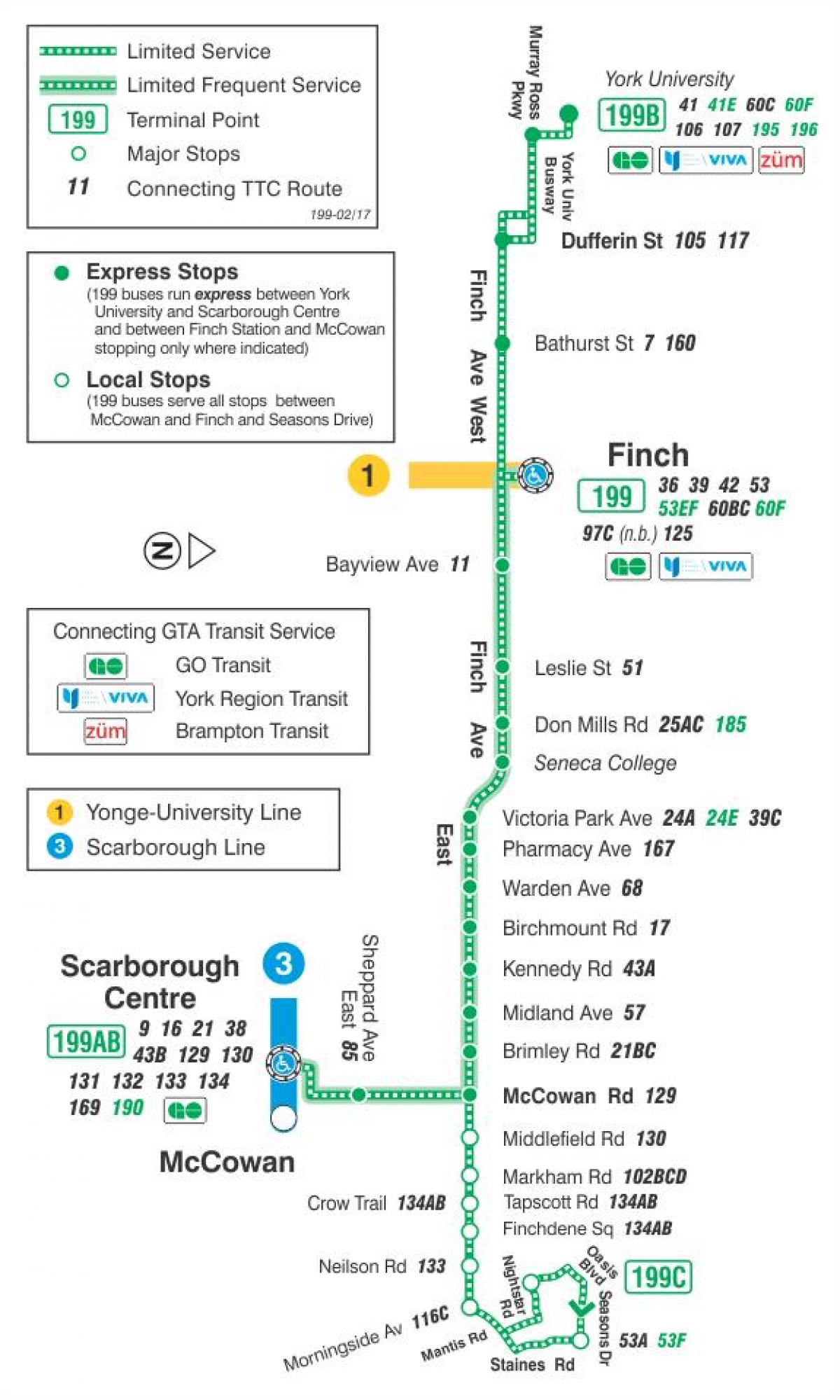 Bản đồ của TÔI 199 Finch tên Lửa tuyến xe buýt Toronto