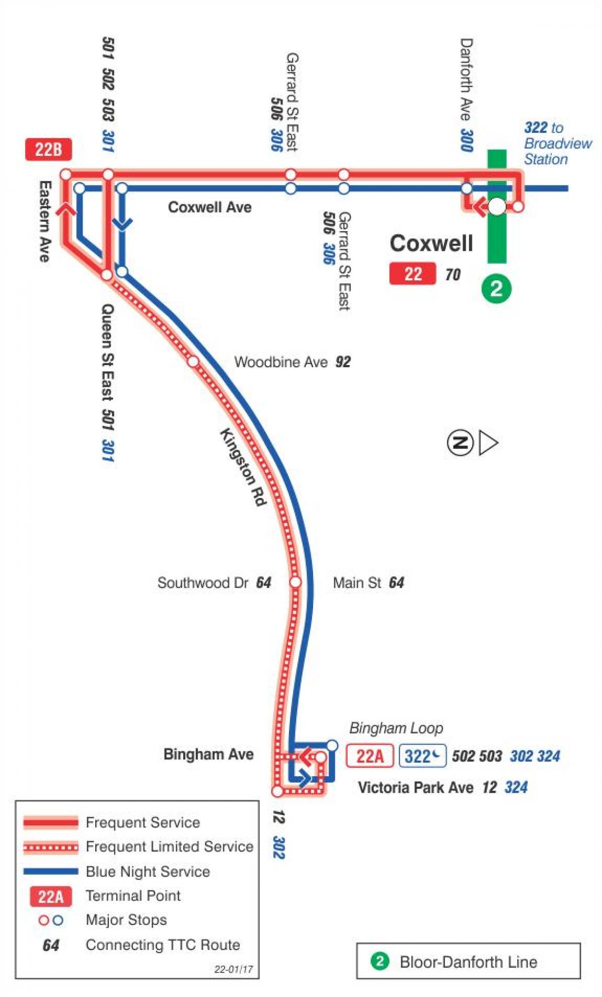 Bản đồ của TÔI 22 Coxwell tuyến xe buýt Toronto