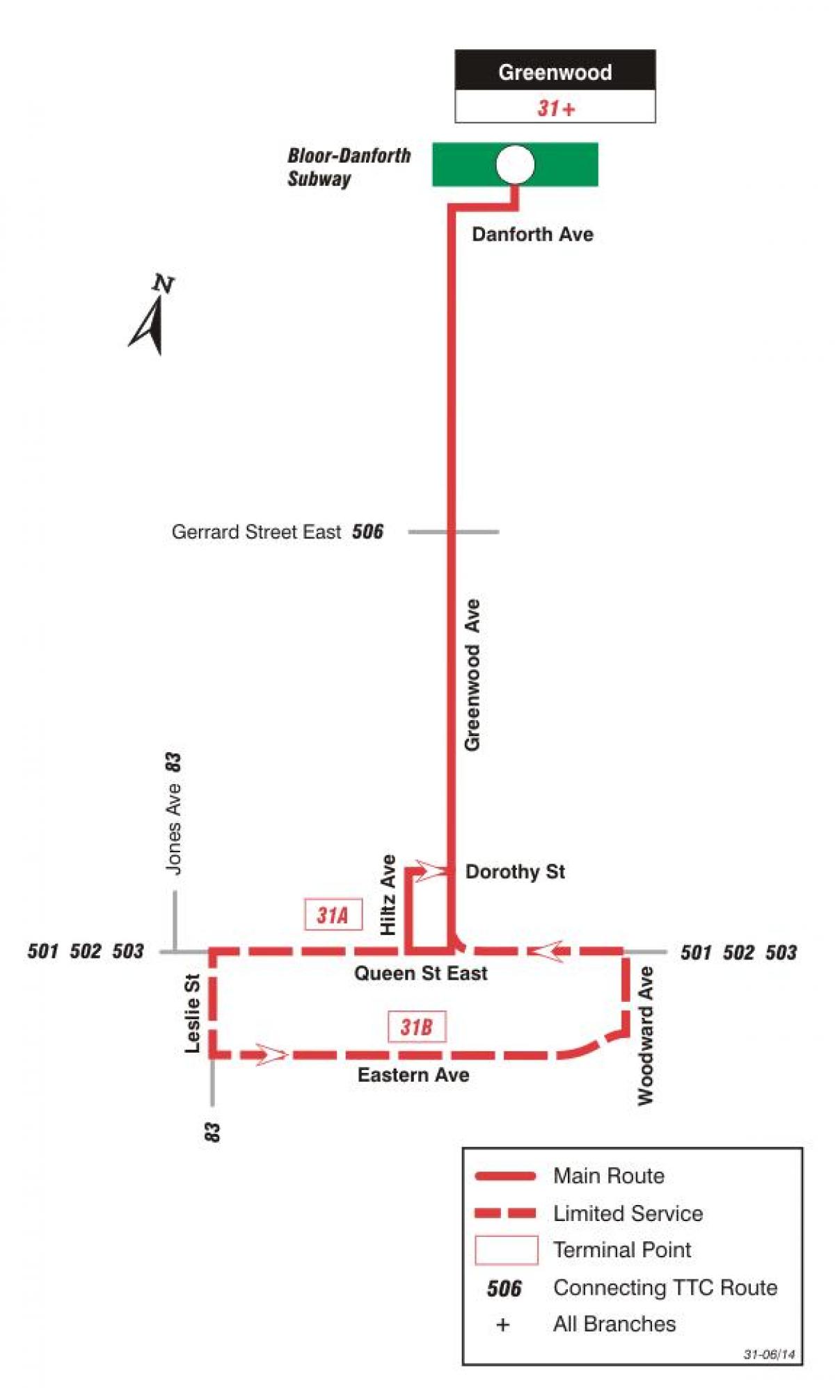 Bản đồ của TÔI 31 Greenwood tuyến xe buýt Toronto