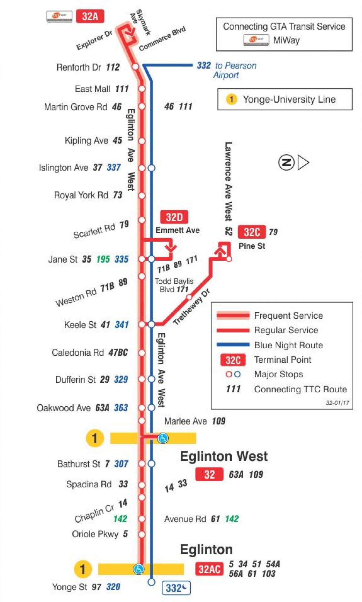 Bản đồ của TÔI 32 Đây Tây tuyến xe buýt Toronto