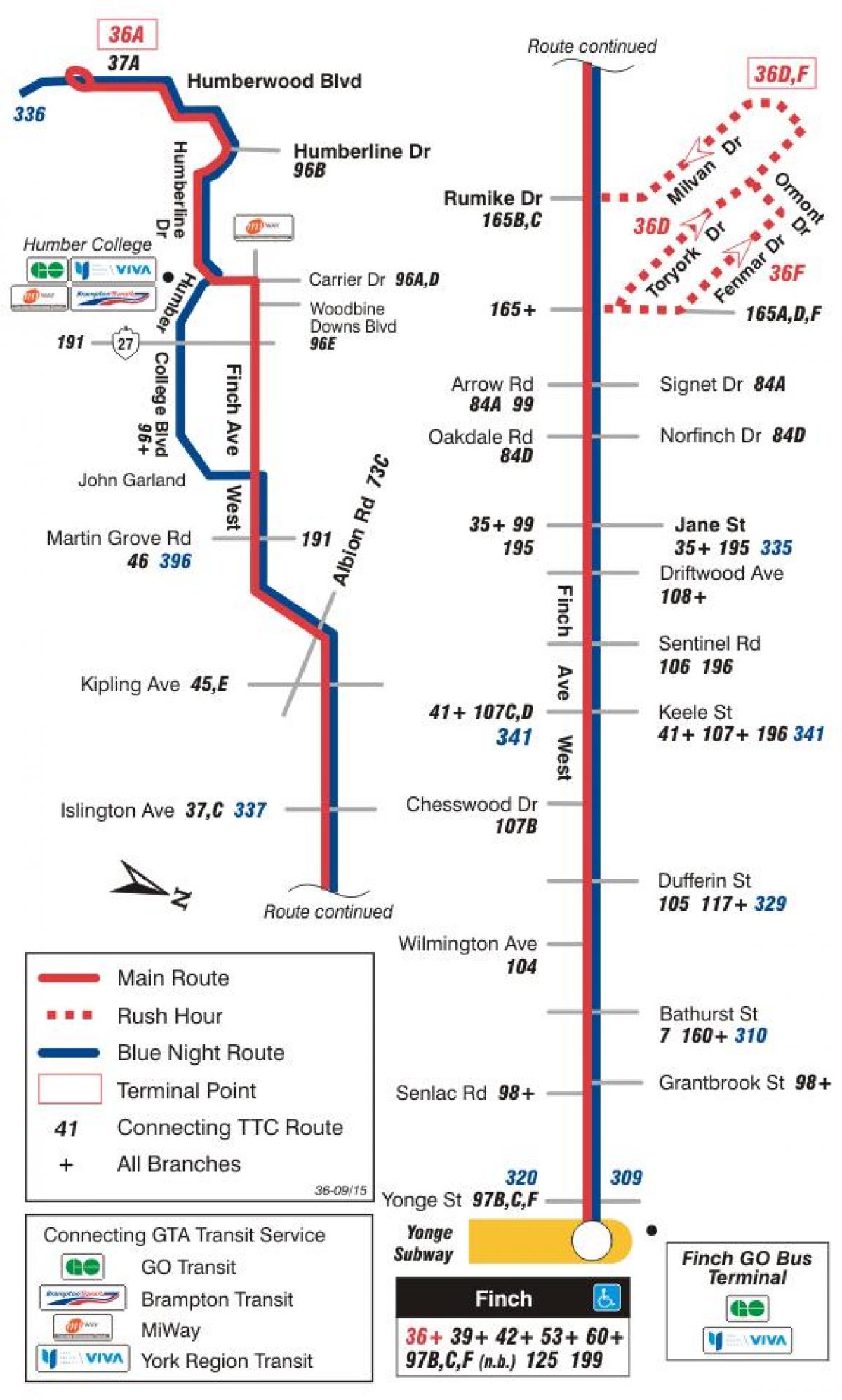 Bản đồ của TÔI 36 Finch Tây tuyến xe buýt Toronto