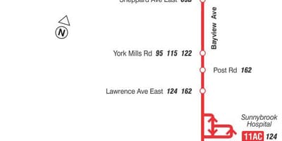 Bản đồ của TÔI 11 Hamlet tuyến xe buýt Toronto