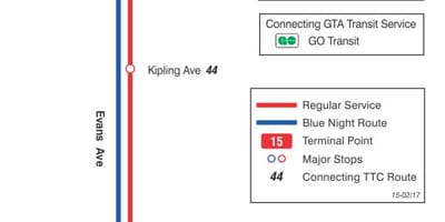 Bản đồ của TÔI 15 Evans tuyến xe buýt Toronto