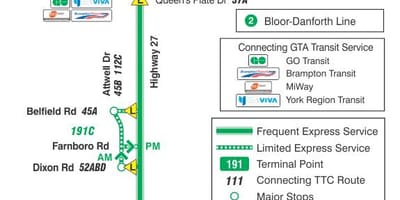 Bản đồ của TÔI 191 Đường 27 tên Lửa tuyến xe buýt Toronto
