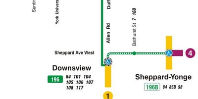 Bản đồ của TÔI 196 York Đại học tên Lửa tuyến xe buýt Toronto