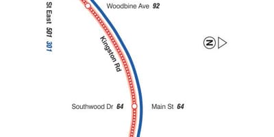Bản đồ của TÔI 22 Coxwell tuyến xe buýt Toronto