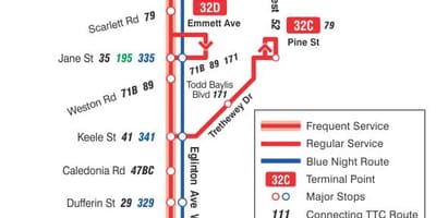 Bản đồ của TÔI 32 Đây Tây tuyến xe buýt Toronto