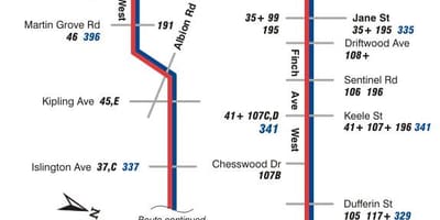 Bản đồ của TÔI 36 Finch Tây tuyến xe buýt Toronto