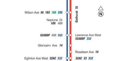 Bản đồ của TÔI 7 Bathurst tuyến xe buýt Toronto
