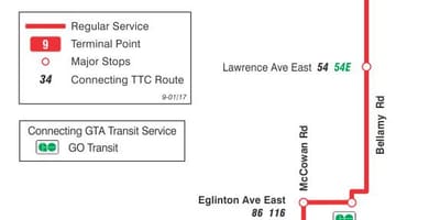Bản đồ của TÔI 9 Bellamy tuyến xe buýt Toronto