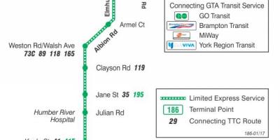 Bản đồ của TÔI 186 Wilson tên Lửa tuyến xe buýt Toronto
