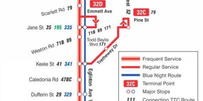 Bản đồ của TÔI 32 Đây Tây tuyến xe buýt Toronto