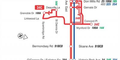 Bản đồ của TÔI 34 Đây Đông tuyến xe buýt Toronto