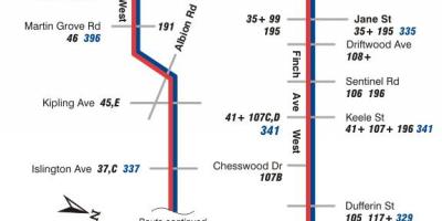Bản đồ của TÔI 36 Finch Tây tuyến xe buýt Toronto
