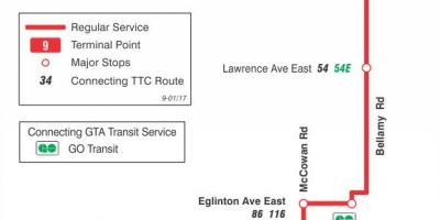 Bản đồ của TÔI 9 Bellamy tuyến xe buýt Toronto